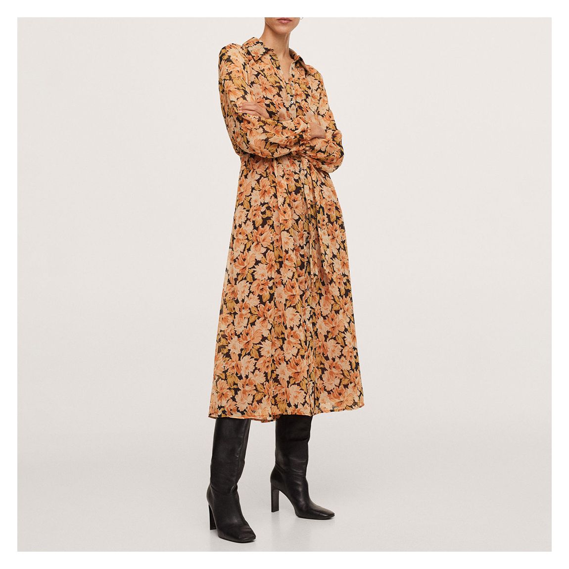Orange Floral Print Shirt Dress main product photo