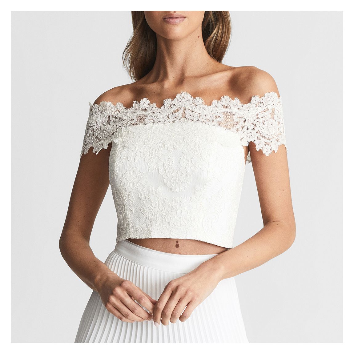 White Evora Bardot Lace Crop Top main product photo
