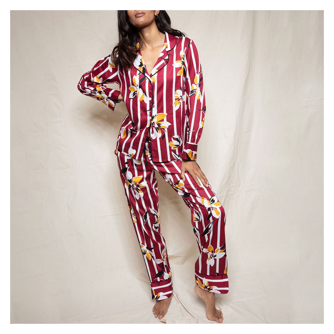 Fable & Eve Burgundy Floral Stripe Pyjama Set main product photo