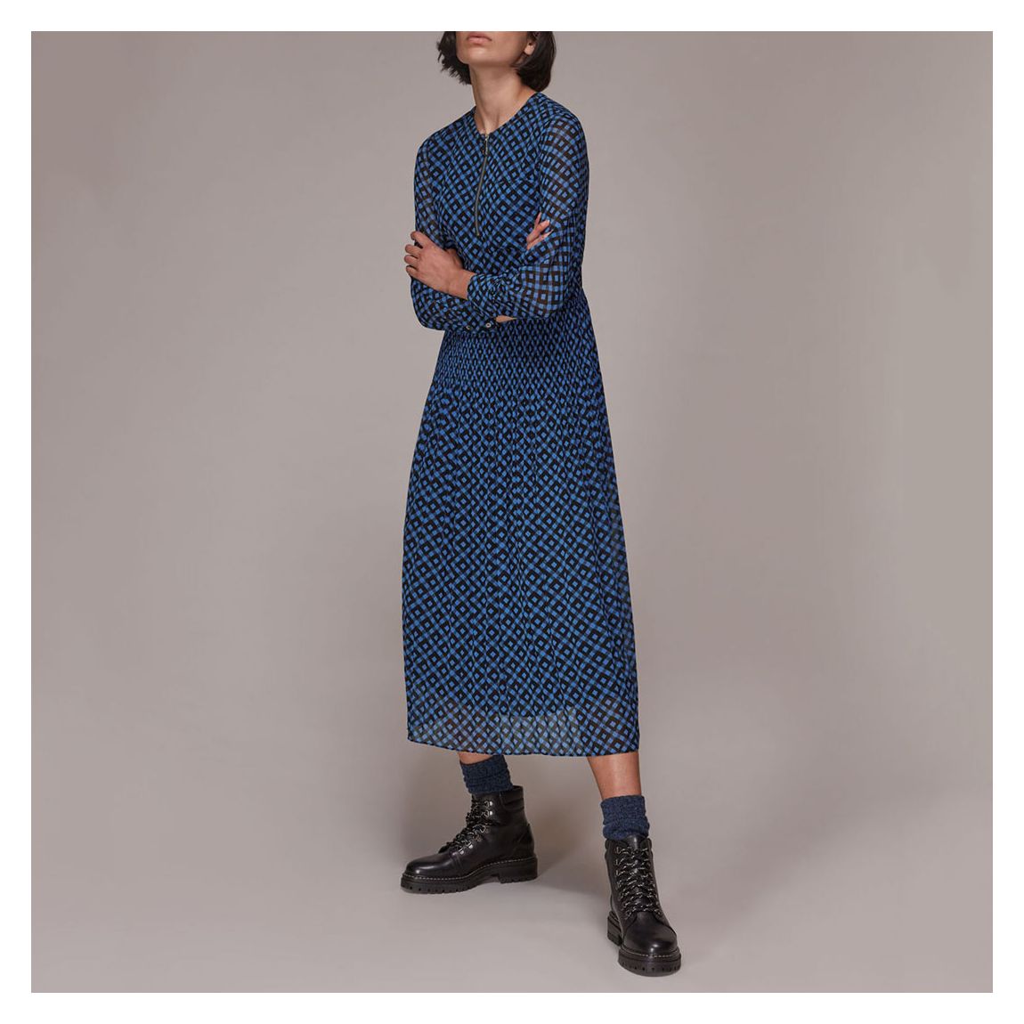 Blue Gingham Check Print Midi Dress main product photo