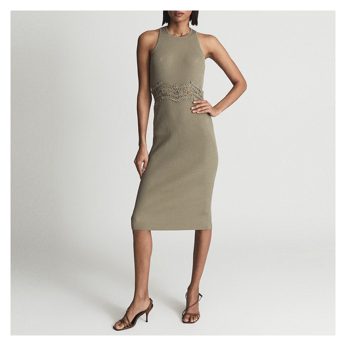 Khaki Isabella Lace Detail Ribbed Dress main product photo
