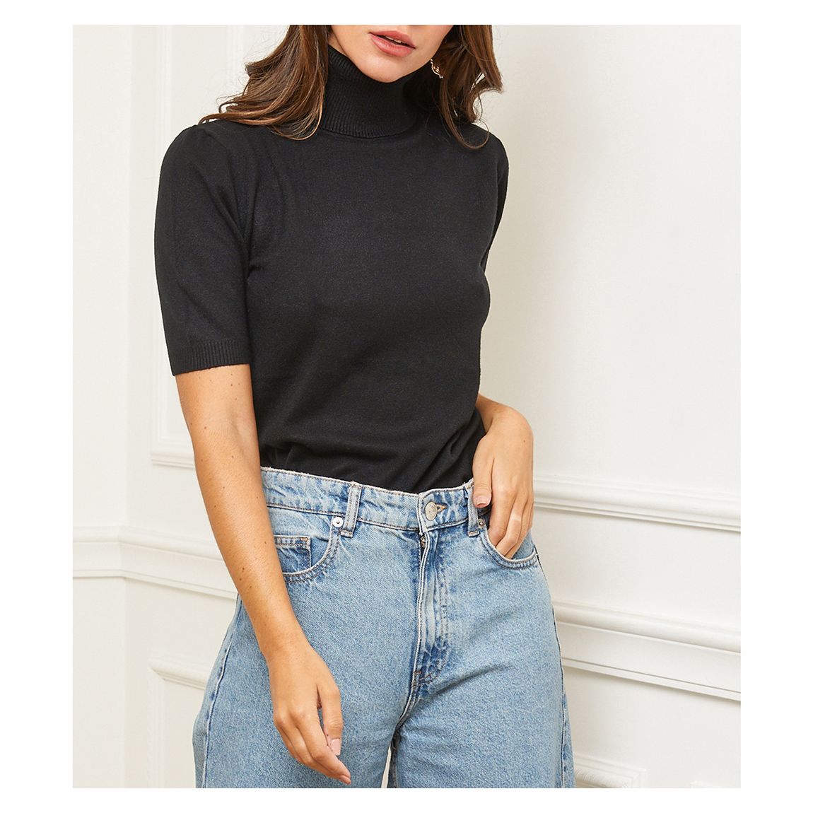 Black Roll Neck Short Sleeve Cashmere Blend Top main product photo