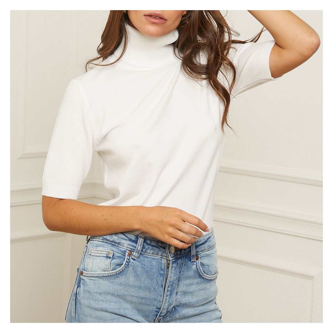 White Roll Neck Short Sleeve Cashmere Blend Top main product photo