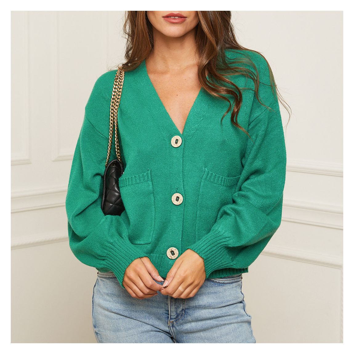 Green Button-Up Cashmere Blend Cardigan main product photo