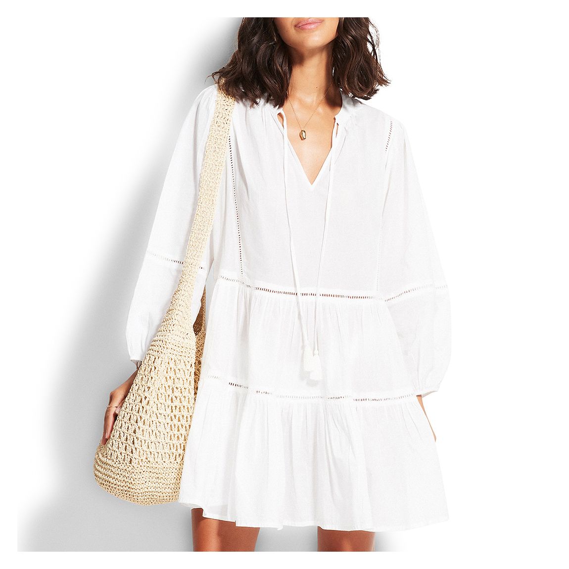 White Bayside Ladder Trim Dress main product photo