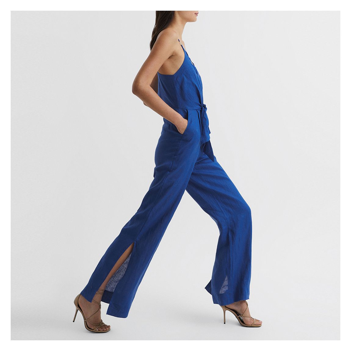Blue Ana Tie Waist Linen Jumpsuit main product photo