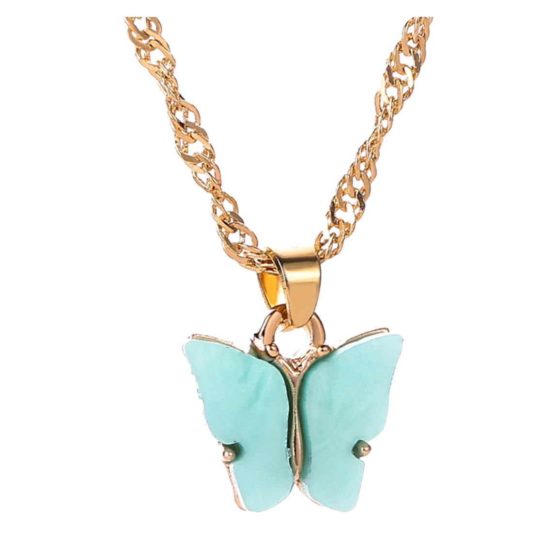 18K Gold Aqua Blue Carved Butterfly Drop Necklace main product photo