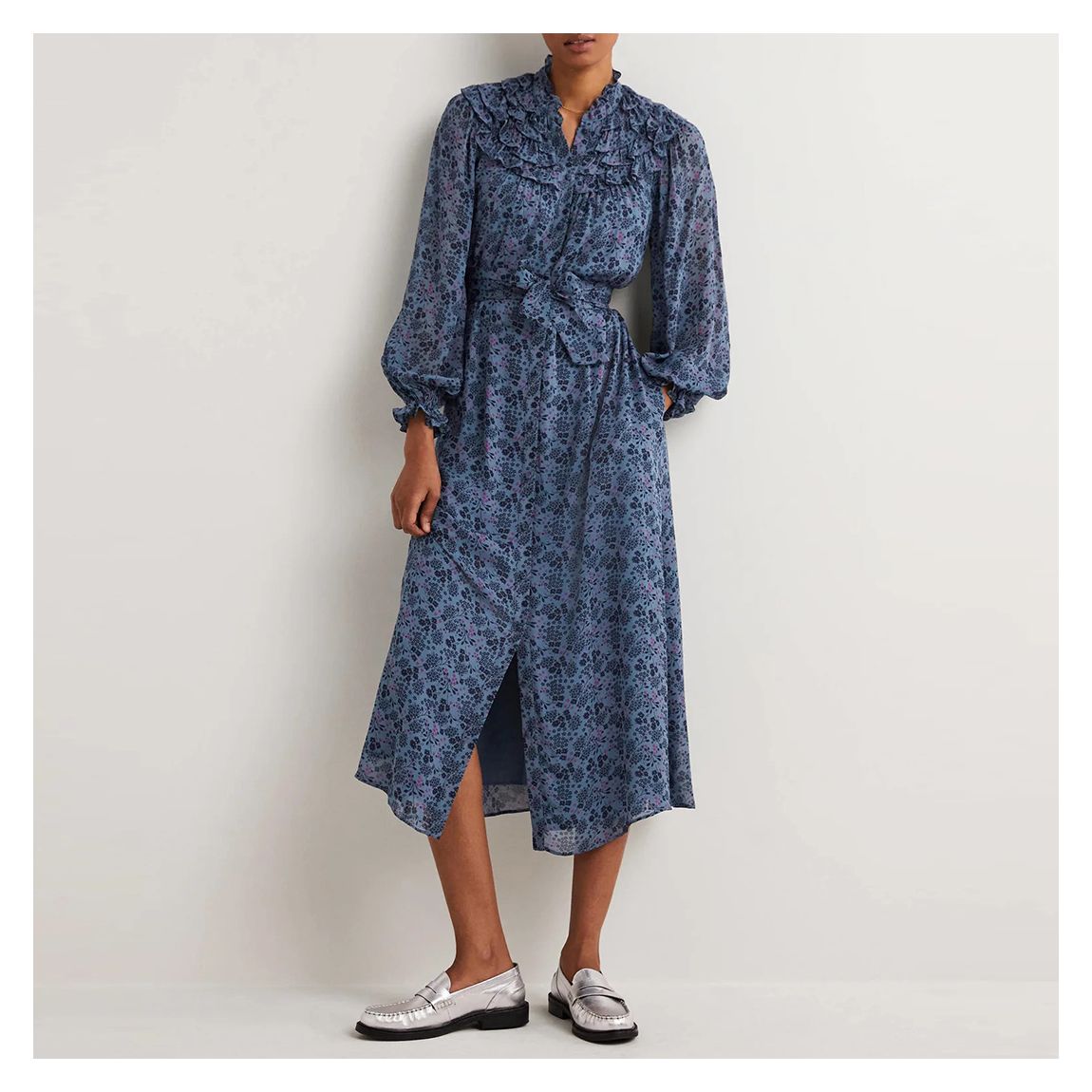 Blue Ruffle Yoke Midi Shirt Dress main product photo