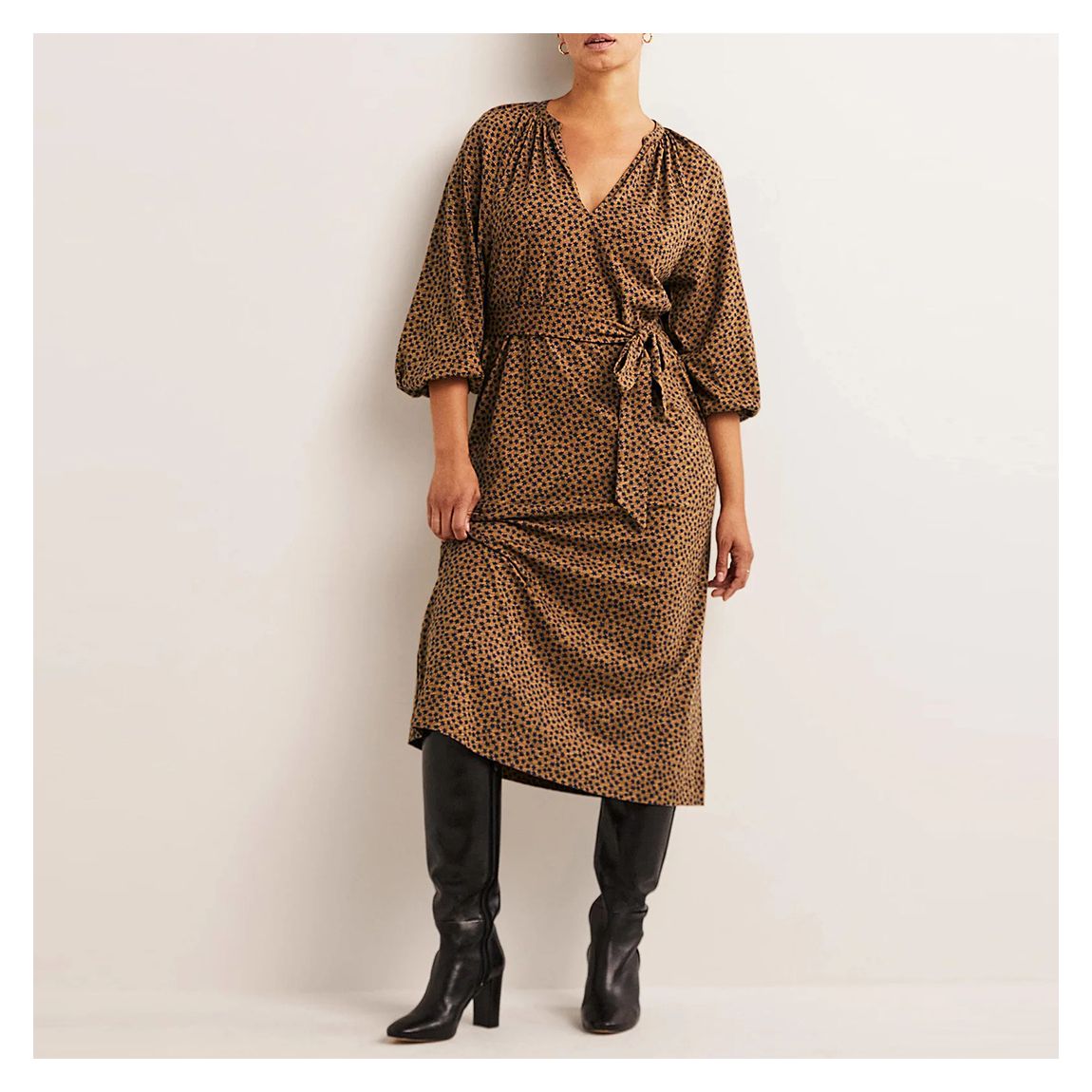 Brown Floral Notch Neck Jersey Midi Dress main product photo