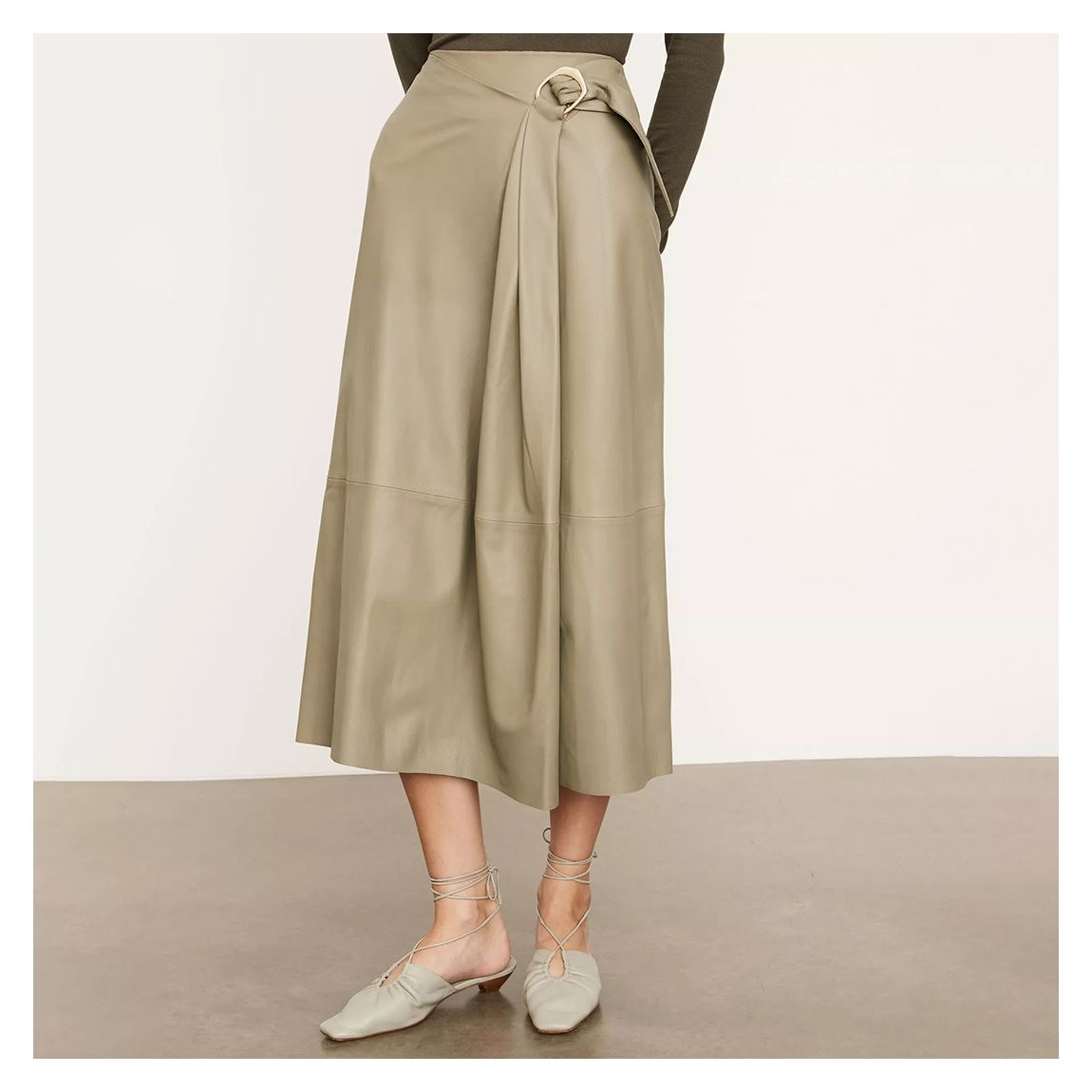 Taupe Buckle Leather Midi Skirt main product photo