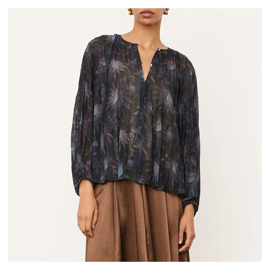 Navy Deco Floral Pleated Blouse main product photo