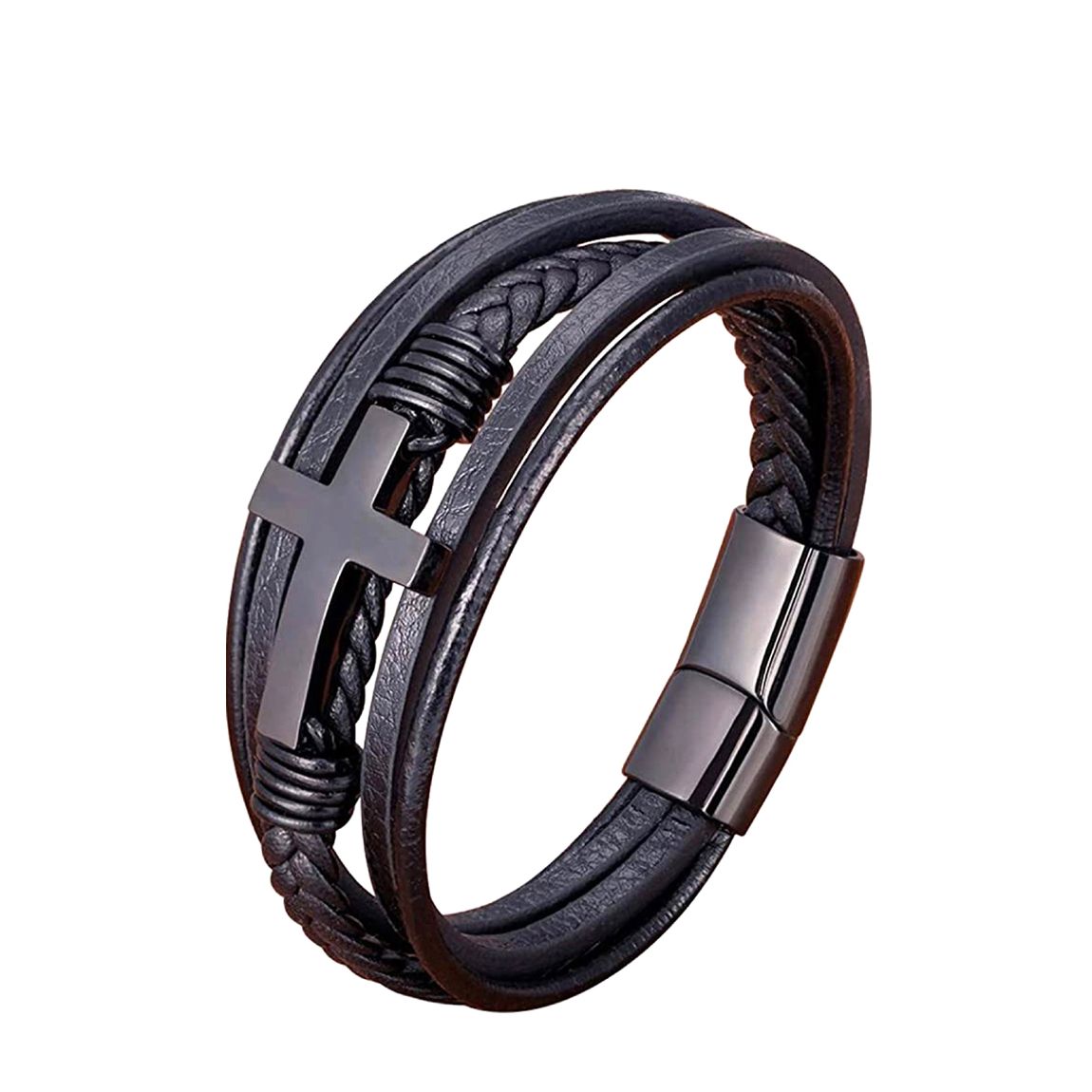 Black Plated Cross Leather Bracelet main product photo