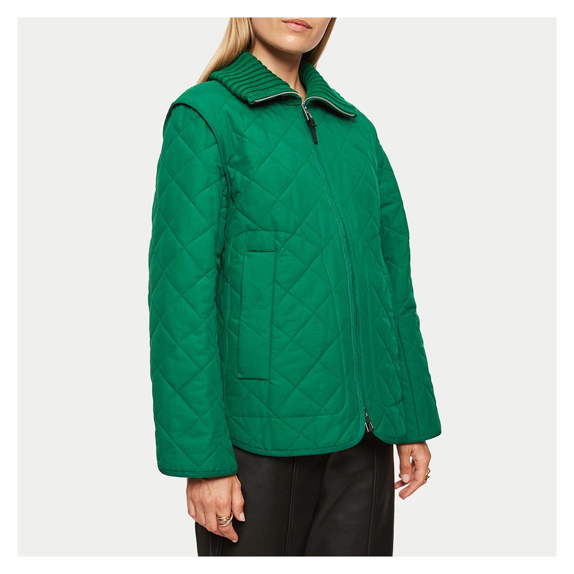 Green Knit Collar Quilted Cotton Blend Jacket main product photo