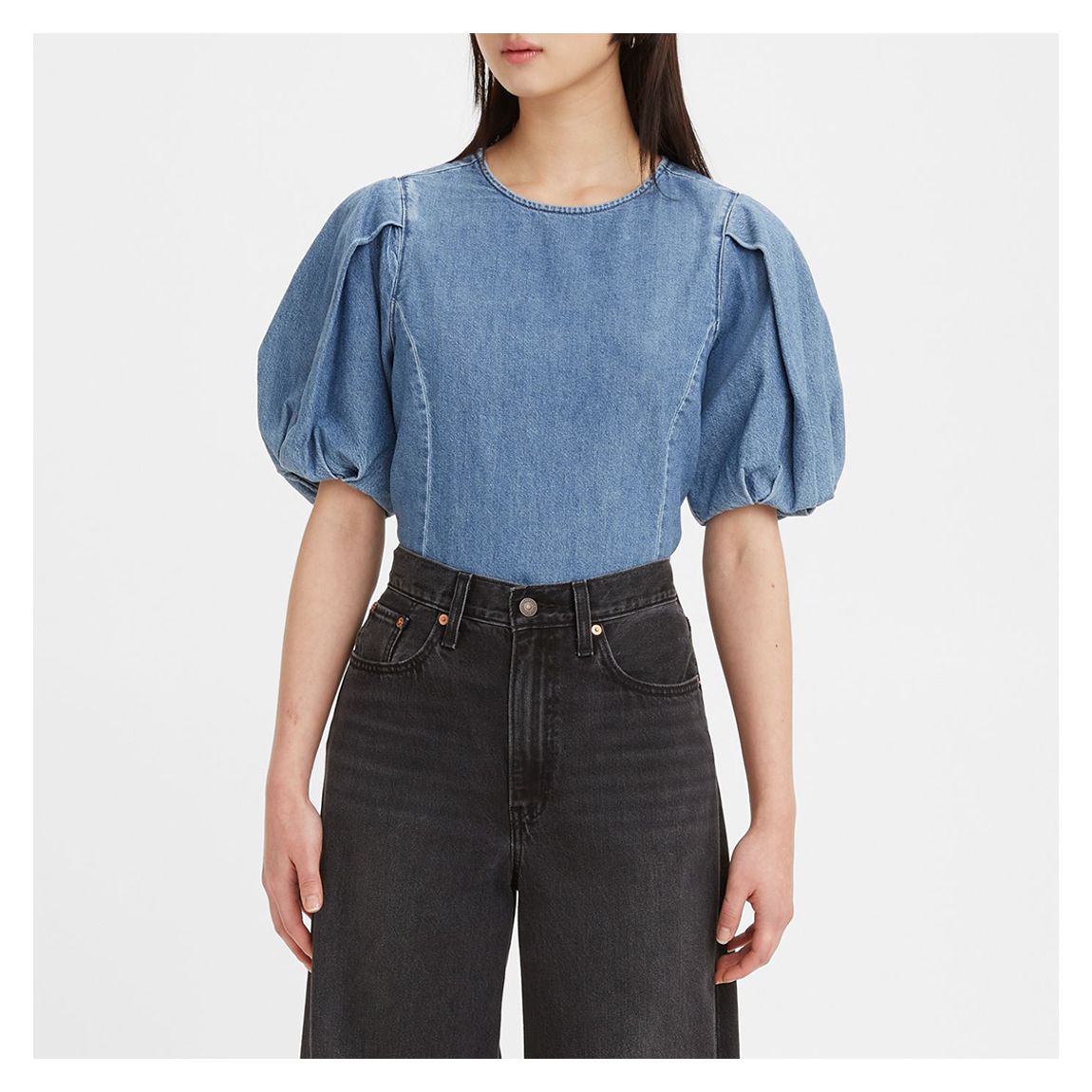 Indigo Puff Sleeve Denim Blouse main product photo