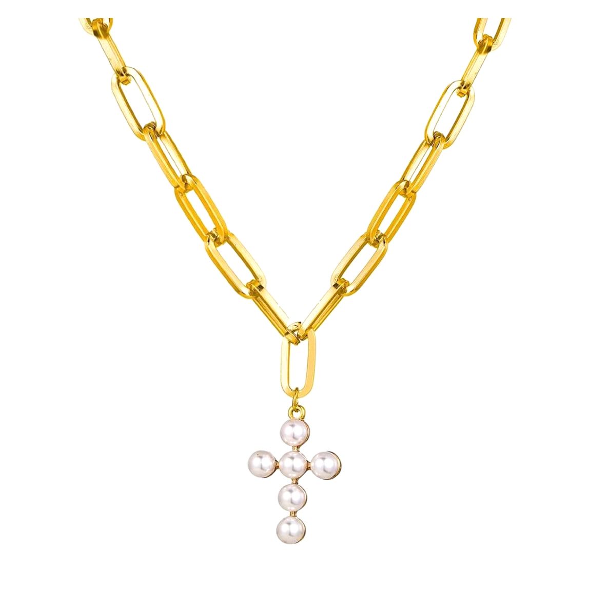 18K Gold Chain Link & Pearl Cross Necklace main product photo