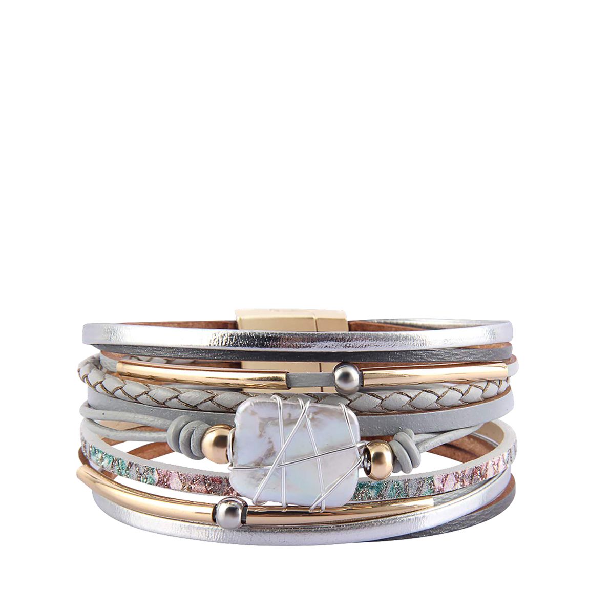 18K Gold Grey Leather Multi Layer Pearl Bracelet main product photo