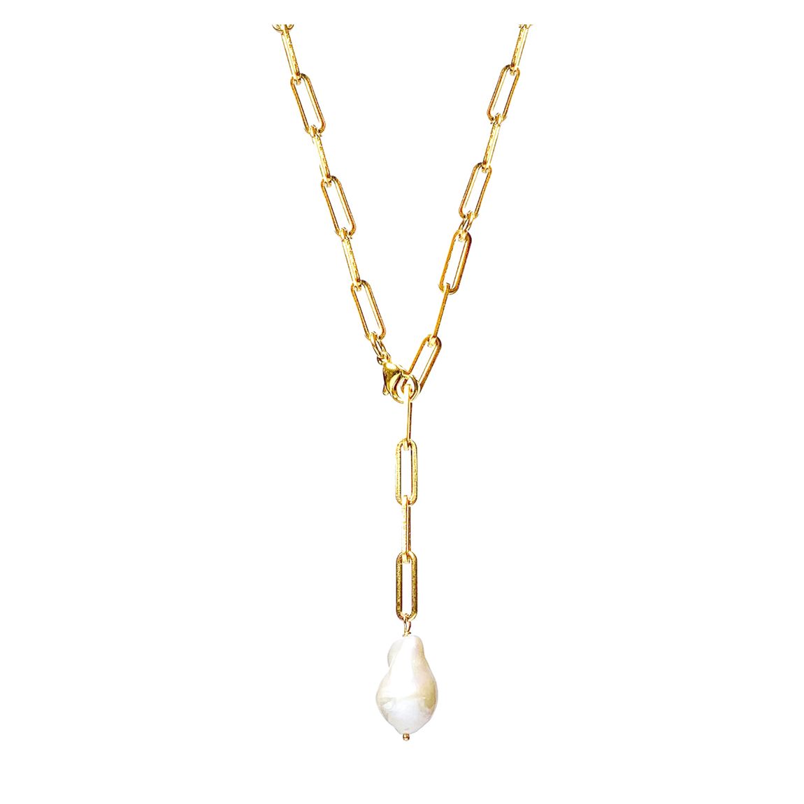 18K Gold Chain Link & Pearl Y Necklace main product photo