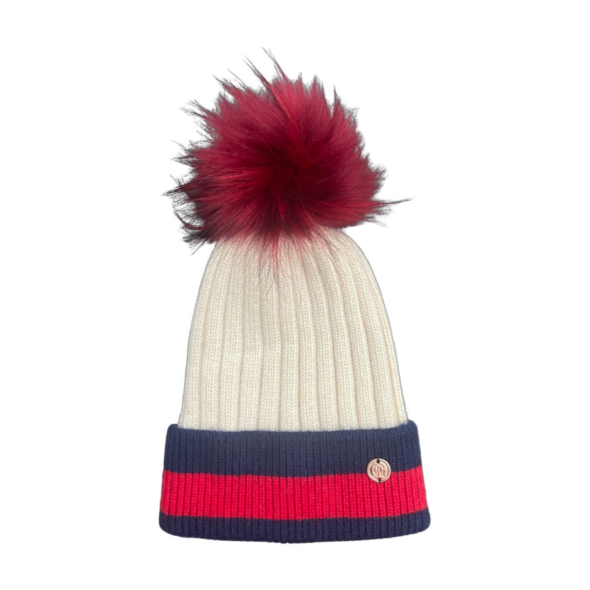 Adult Stripes Cream And Red Cashmere Blend Single Pom Hat main product photo