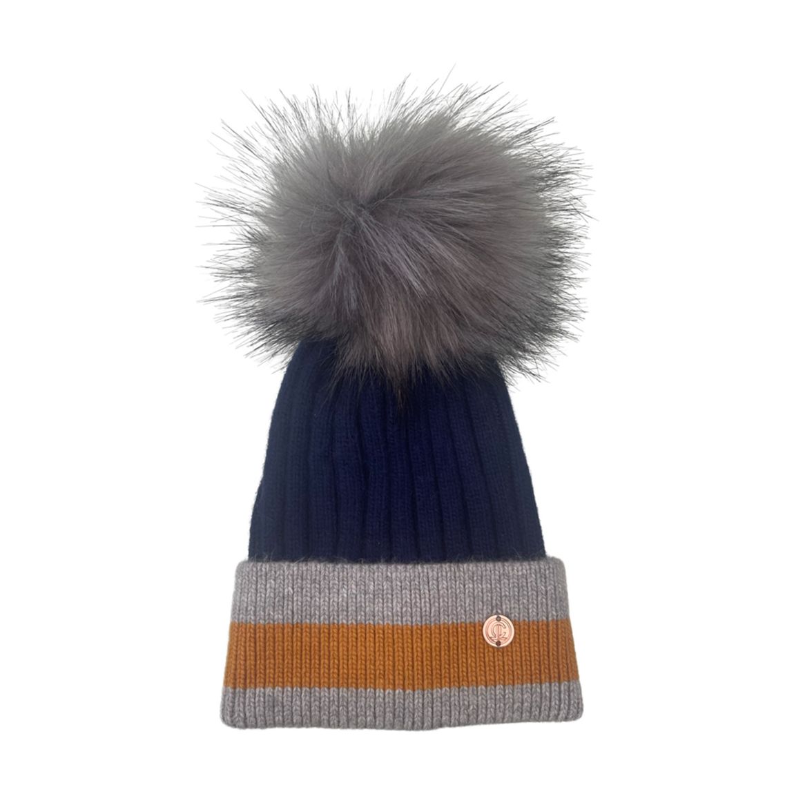 Kids Navy/Grey Stripes Cashmere Blend Single Pom Hat main product photo