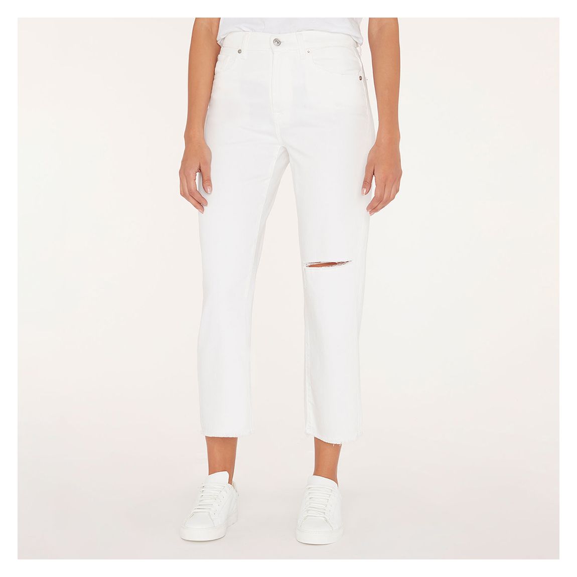 White Distressed Straight Stretch Jeans main product photo