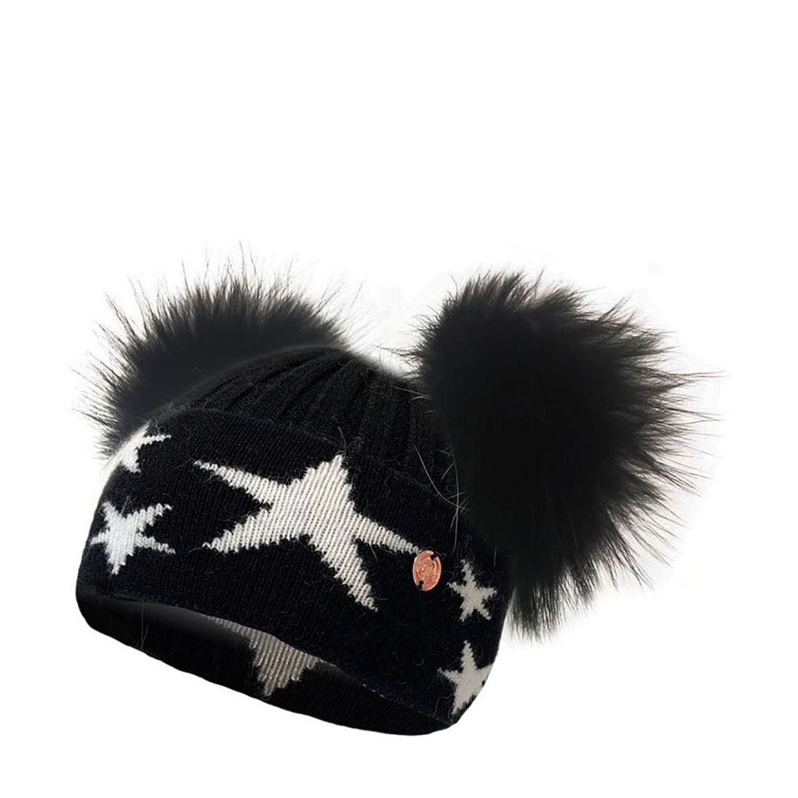 Adult Black Stars Cashmere Blend Double Pom Pom Beanie Hat main product photo