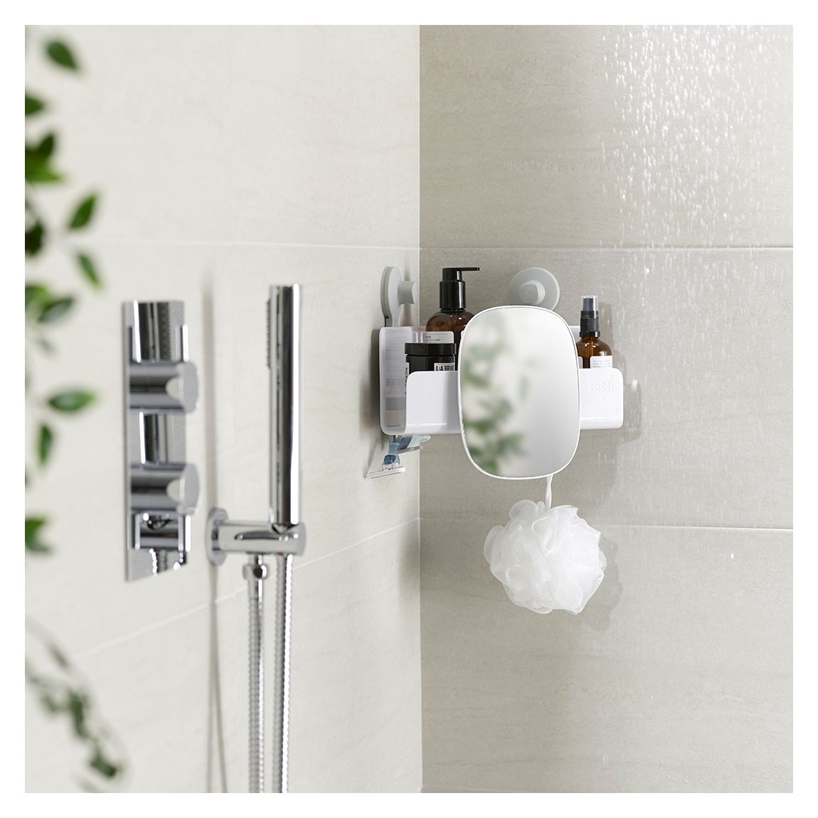 EasyStore Corner Shower Shelf with Removable Mirror, White main product photo