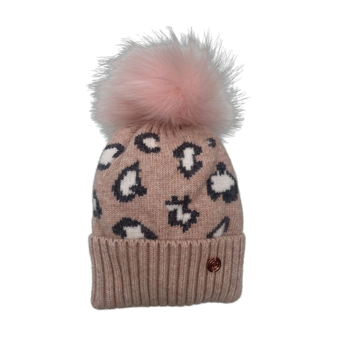 Adult Beige/Pink Leopard Print Cashmere Blend Pom Hat main product photo