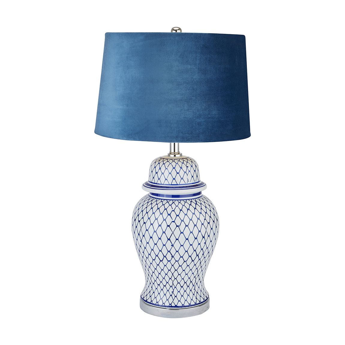 Malabar Blue And White Ceramic Lamp With Blue Velvet Shade main product photo
