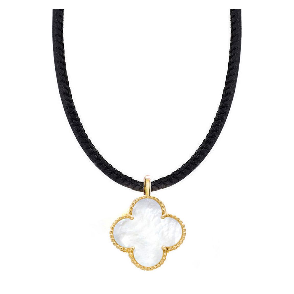 18K Gold White Mother Of Pearl Motif On Black Cord Necklace main product photo