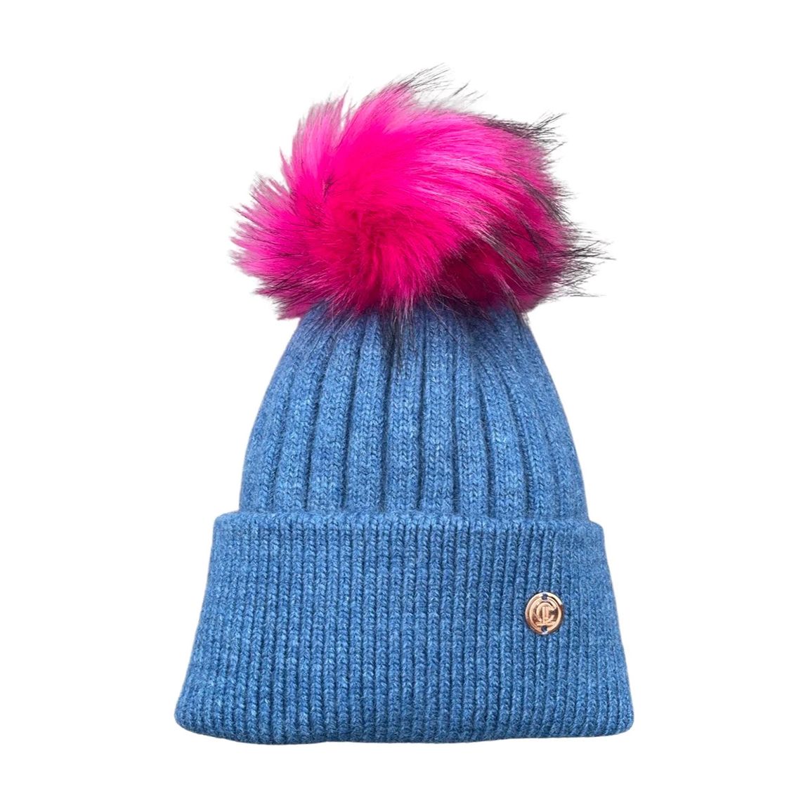 Adult Denim Blue and Electirc Pink Single Pom Cashmere Hat main product photo