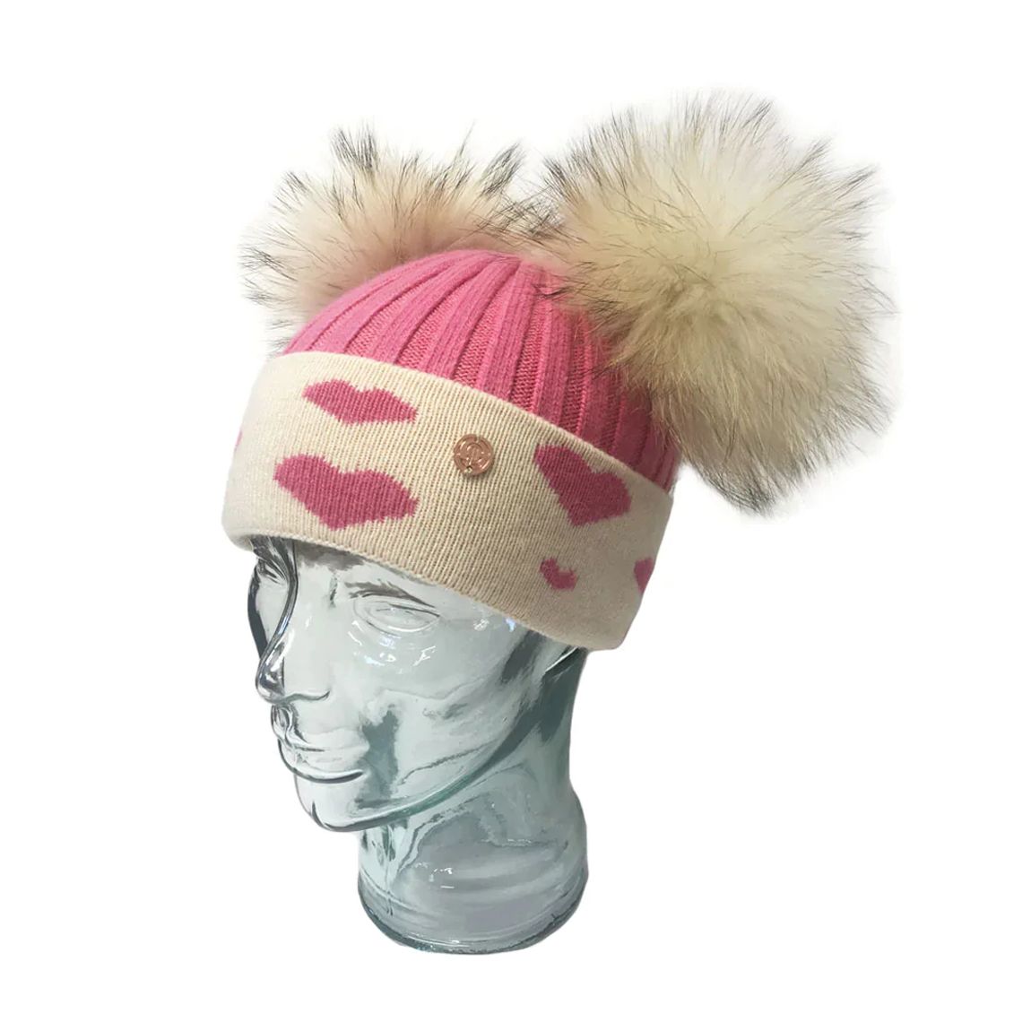 Adult Strawberry Pink & Cream Hearts Cashmere Blend Double Pom Pom Beanie Hat main product photo