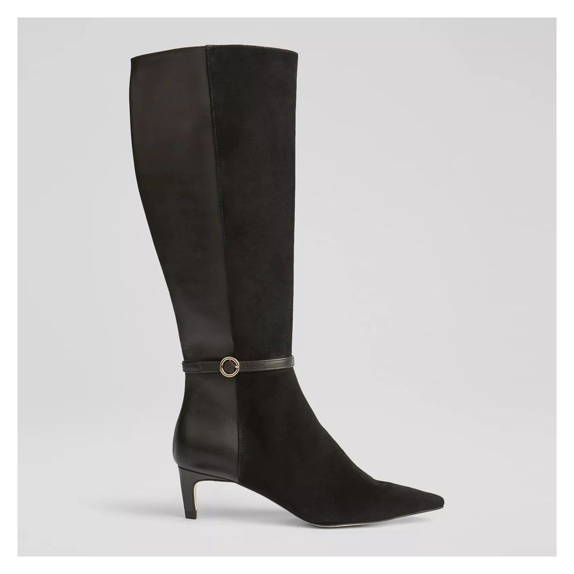 Black Darla Suede and Leather Round Buckle Knee High Boots main product photo