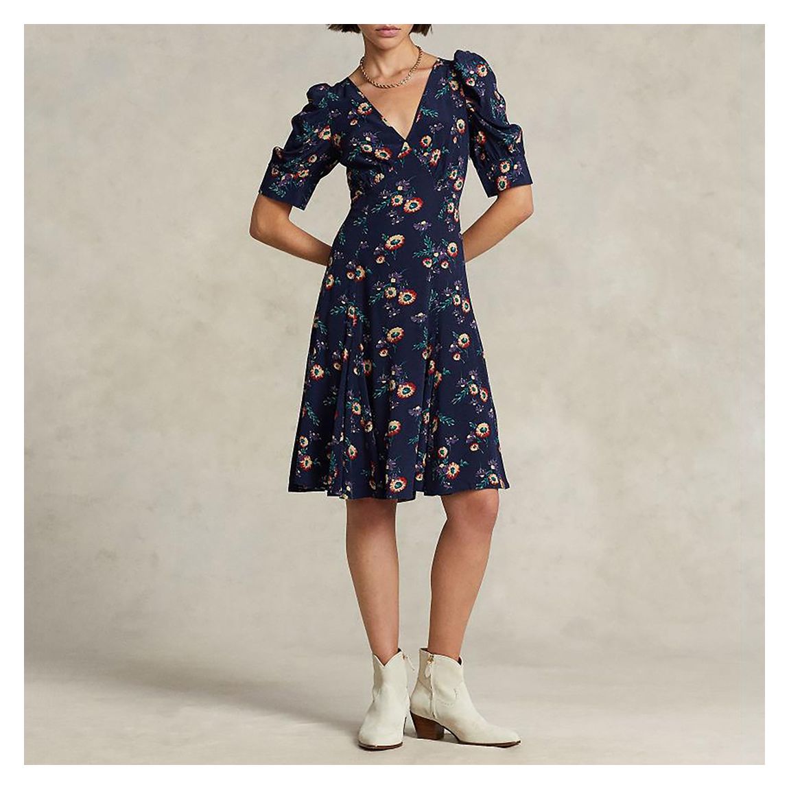 Navy Floral Puff Sleeve Dress main product photo