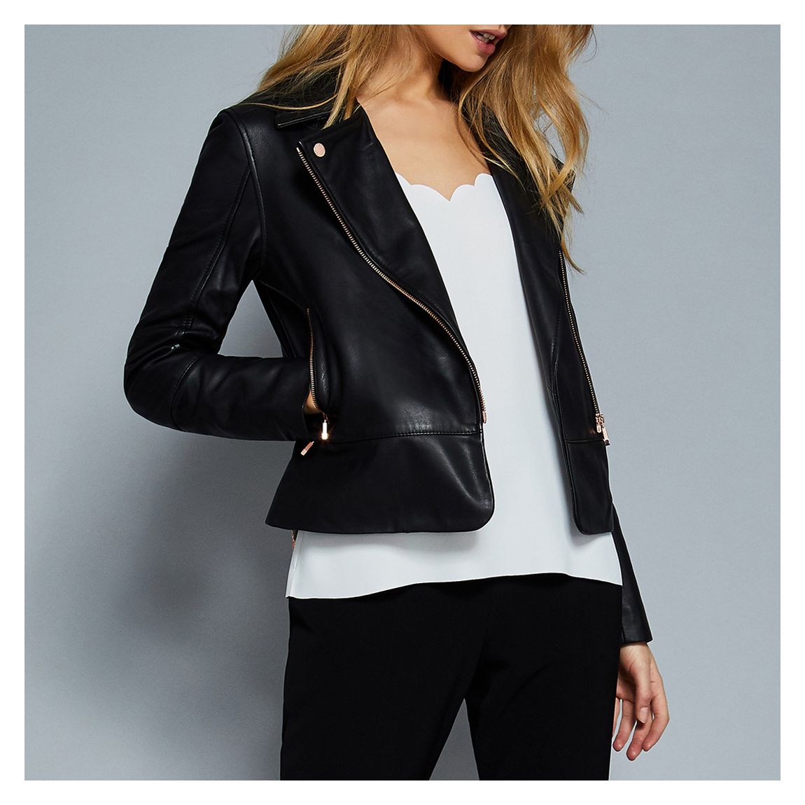 Black Lizia Leather Biker Jacket main product photo