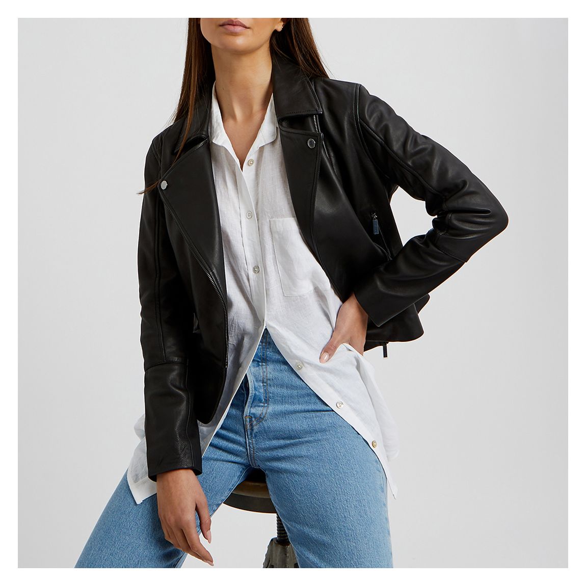 Black Lizia Leather Biker Jacket main product photo