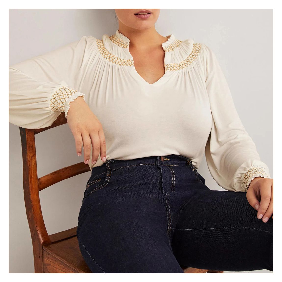 Ivory Smocked Yoke Metallic Top main product photo