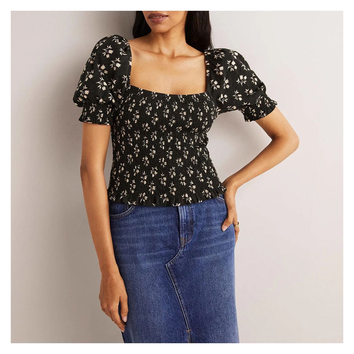 Black Cotton Square Neck Smocked Jersey Top main product photo
