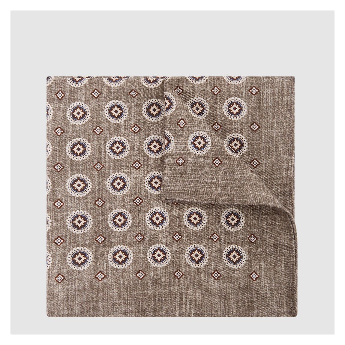 Taupe Crescent Medallion Print Silk Pocket Square main product photo