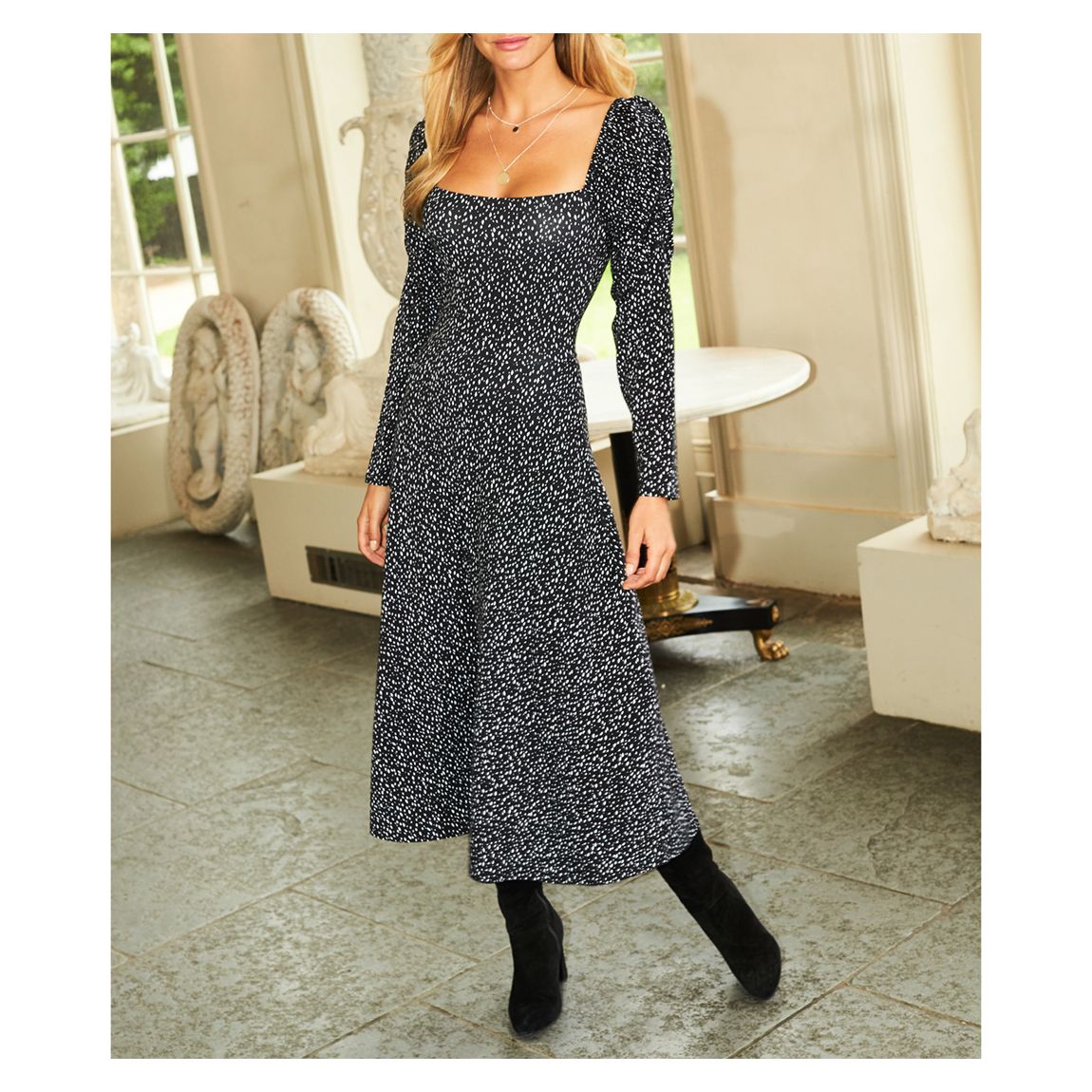 Black Printed Square Neck Midi Dress main product photo