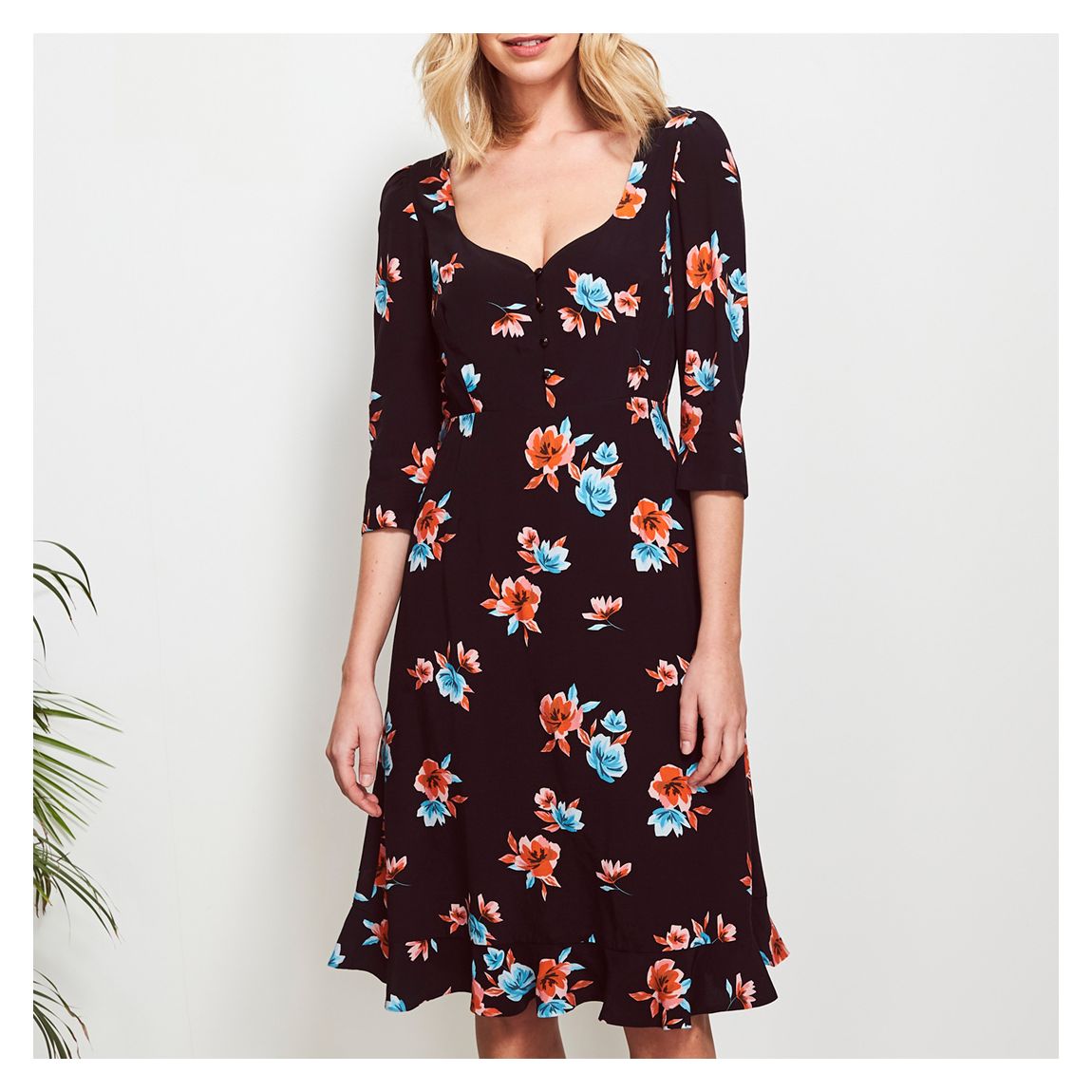 Black Floral Print Sweetheart Neck Dress main product photo