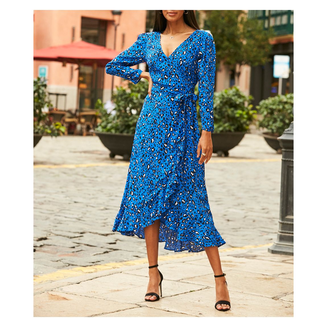 Blue Animal Print Ruffle Hem Wrap Dress main product photo