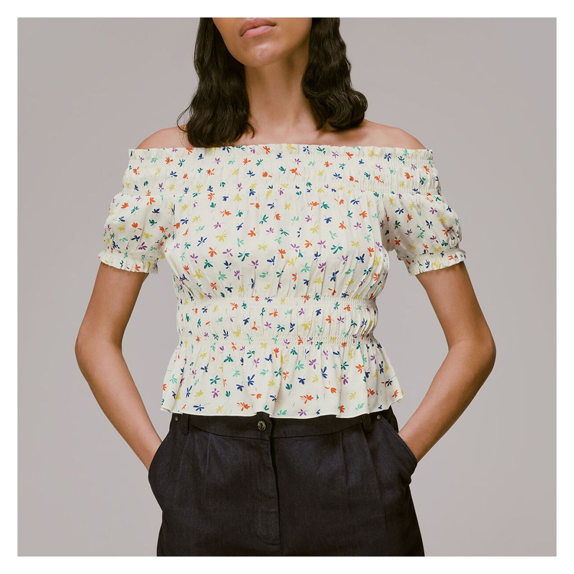 White Floral Print Bardot Top main product photo