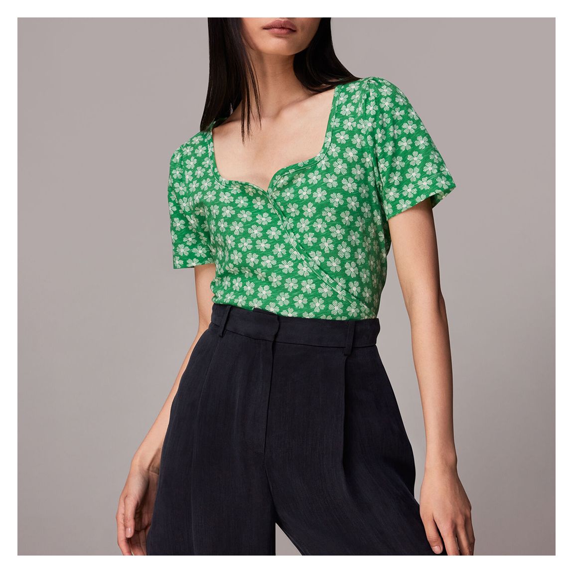 Green Daisy Print Cotton Wrap T-Shirt main product photo