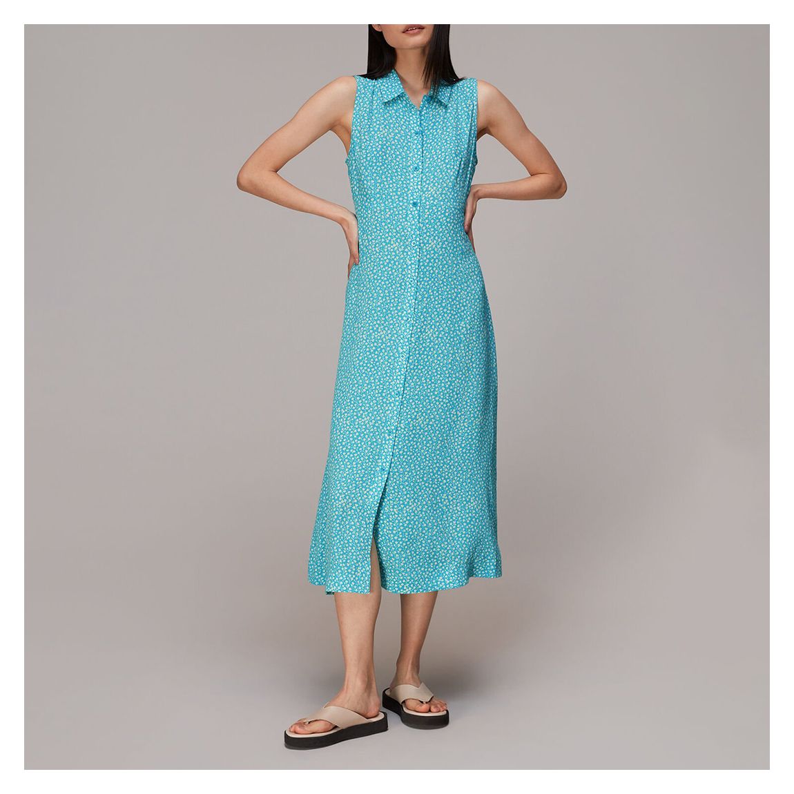 Blue Floral Sleeveless Shirt Dress main product photo