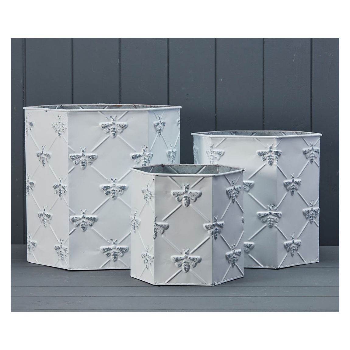 Set Of Three White Hexagonal Zinc Bee Planters main product photo