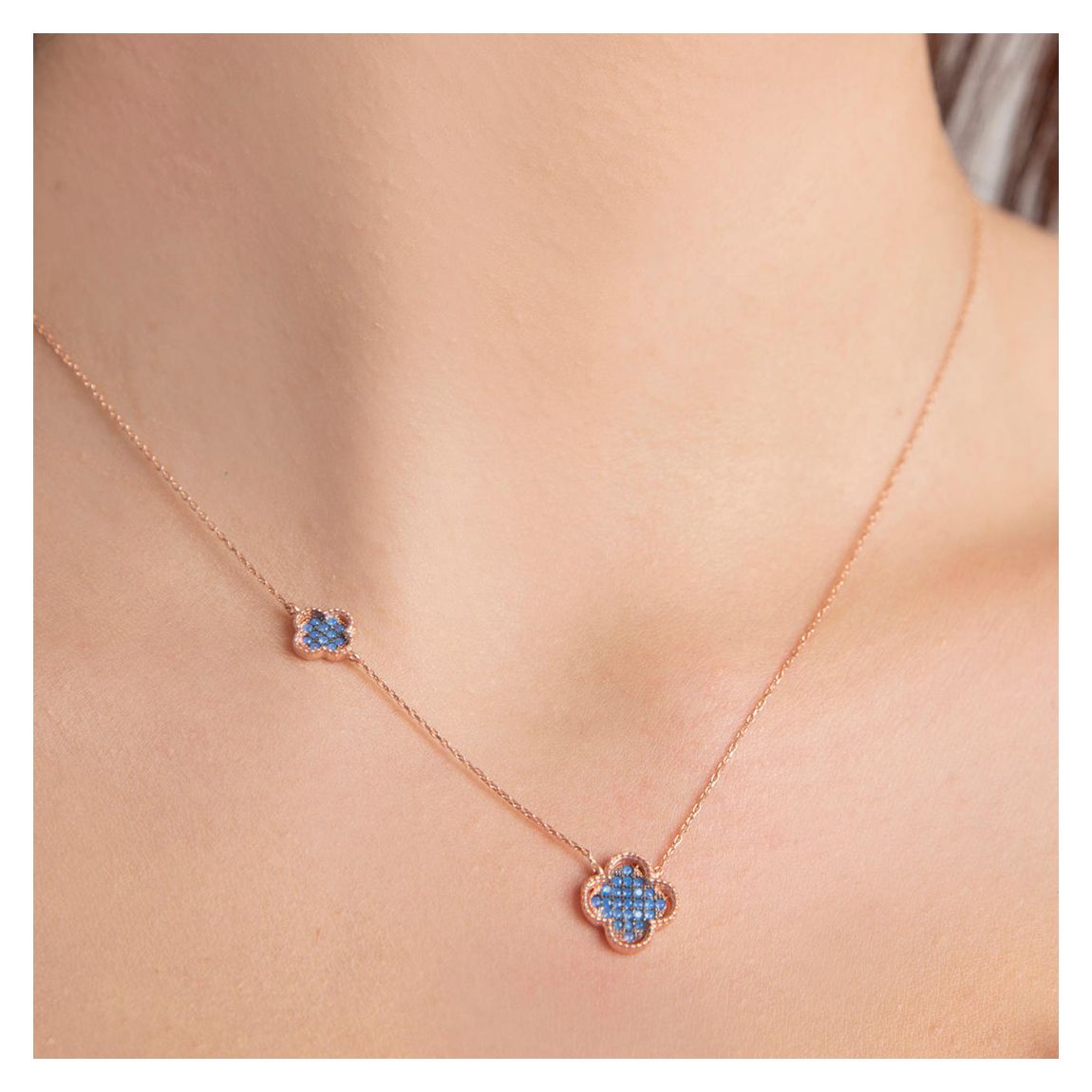 Rose Gold/Blue Double Flower Pendant Necklace main product photo