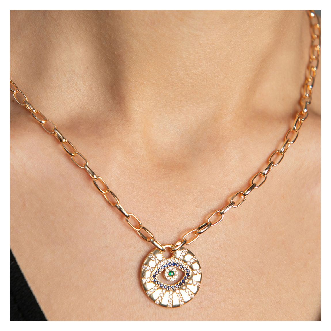 Gold/Blue Eye Round Pendant Necklace main product photo