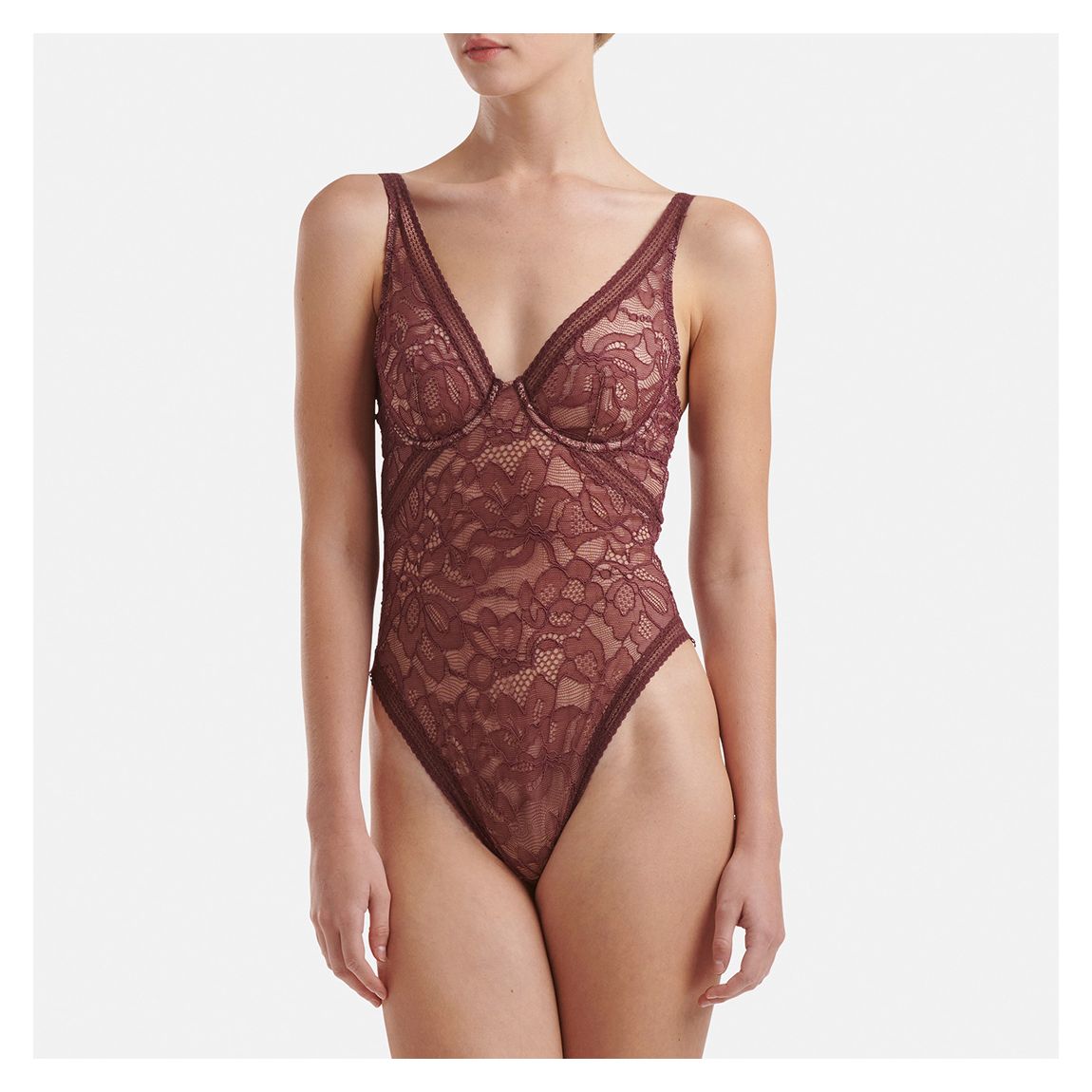 Burgundy Nets & Roses Plunge Bodysuit main product photo
