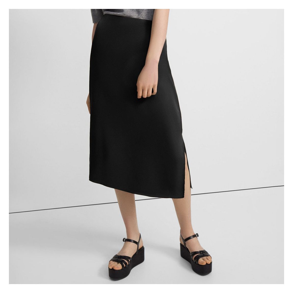 Black Double Slit Silk Midi Skirt main product photo