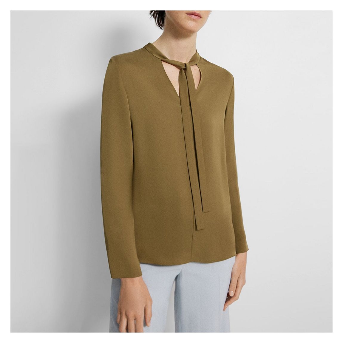 Khaki Tie Neck Silk Blouse main product photo